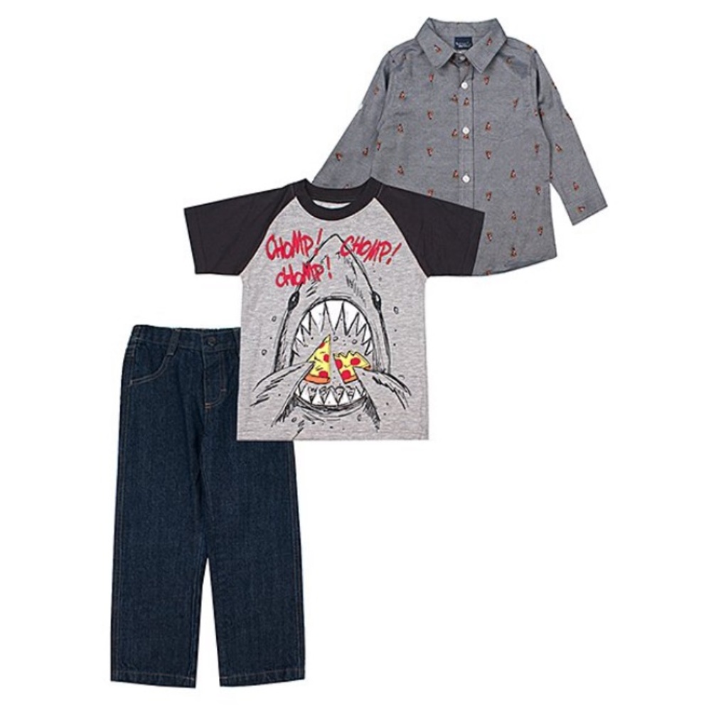 Grey Shark “Chomp..” Raglan Tee, Jeans & Button-up
